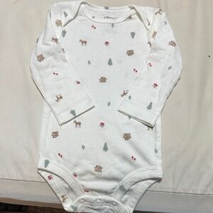 Carter's White Long-Sleeve Woodland Print One-Piece with Red and Brown Accents